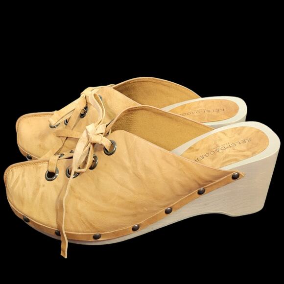 Kelsi Dagger Clogs Tan Leather Lace Up Wedge Wood Heel Mule Slip On Retro Size 9 - Picture 3 of 15